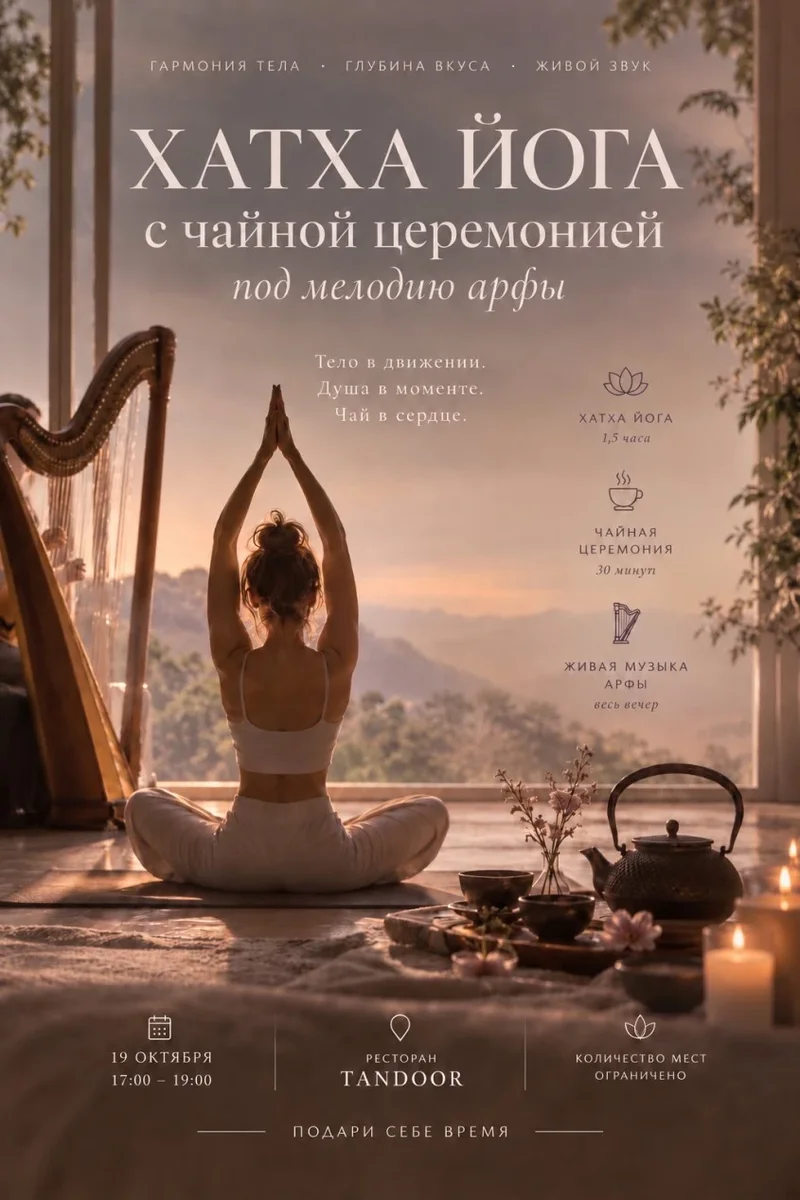 Афиша «Хатха-йога с чайной церемонией под  мелодию арфы»