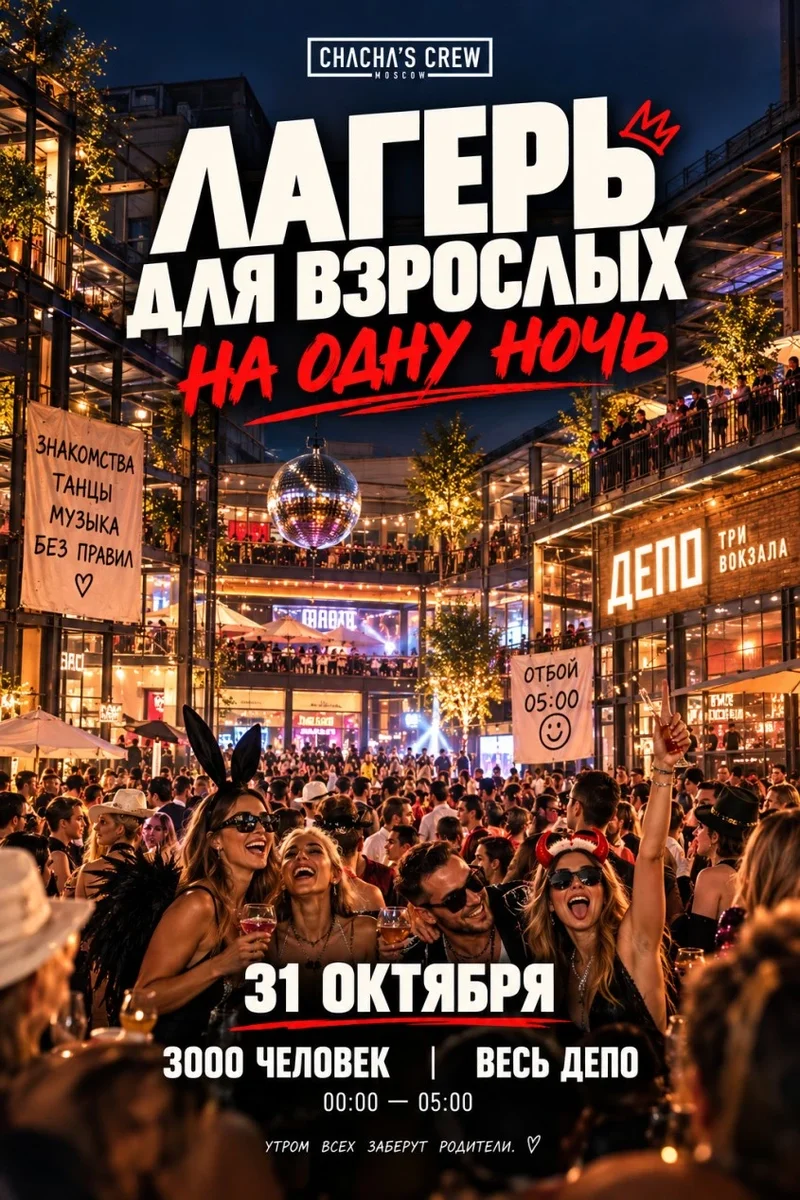 Афиша «Лагерь для взрослых на одну ночь.»