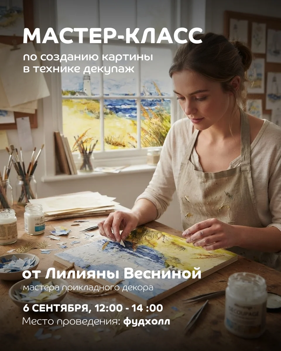 Афиша «Мастер-класс по созданию картины в технике декупаж»