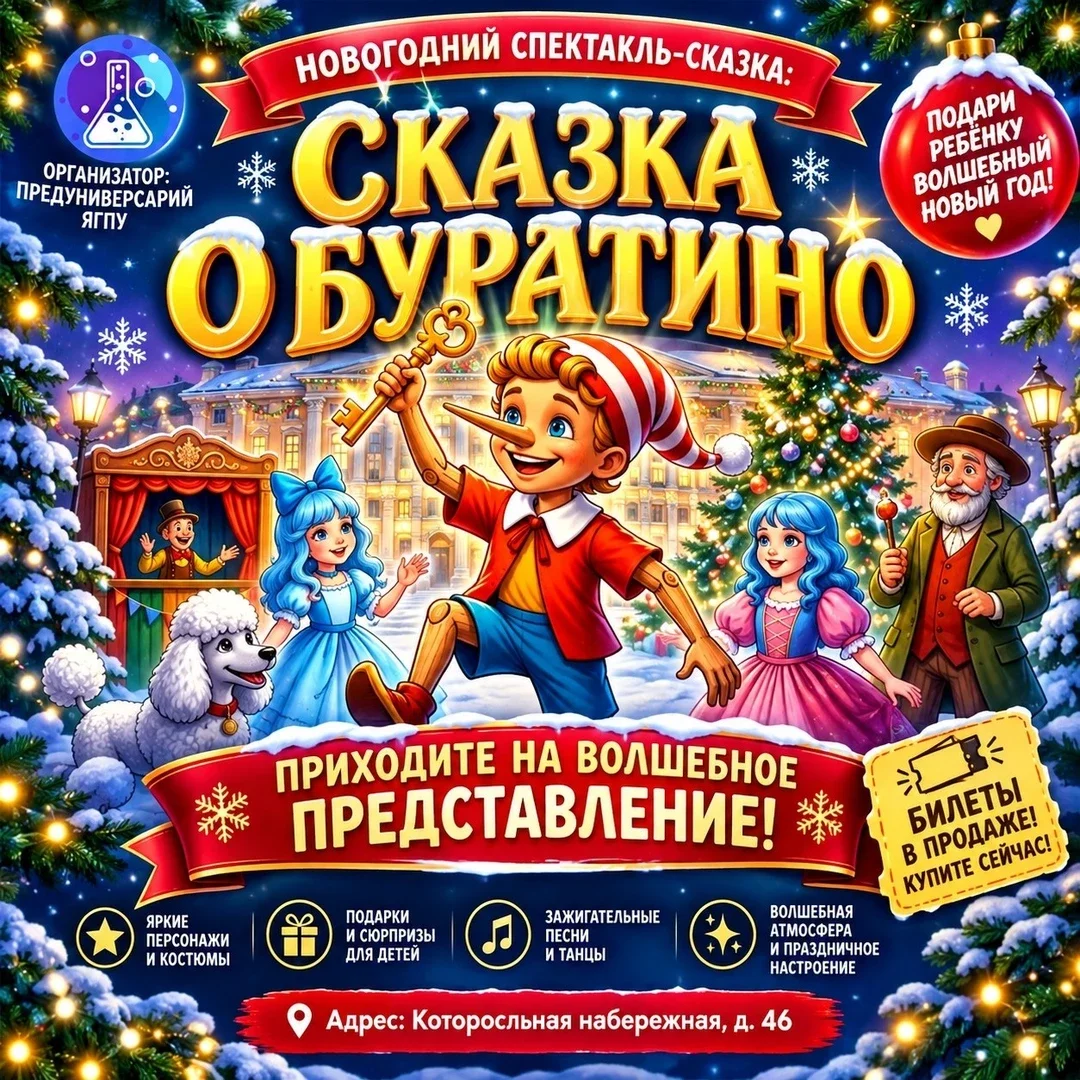 Афиша «НОВОГОДНЯЯ СКАЗКА: «БУРАТИНО» ЗОВЁТ В ПУТЬ!»