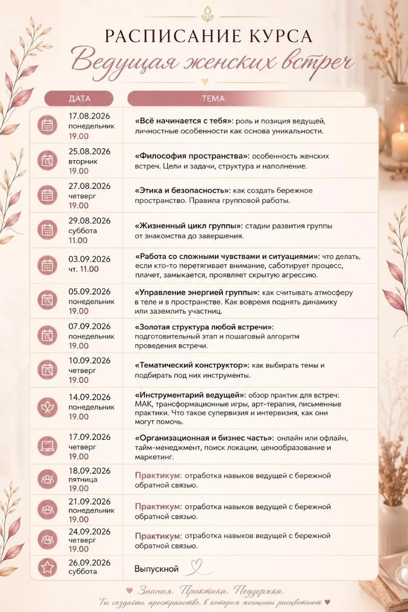 Афиша «Обучающий курс «Ведущая женских встреч»»