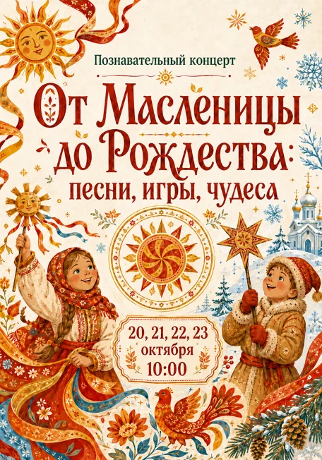 Афиша «Познавательный концерт «От Масленицы до Рождества: песни, игры, чудеса».»